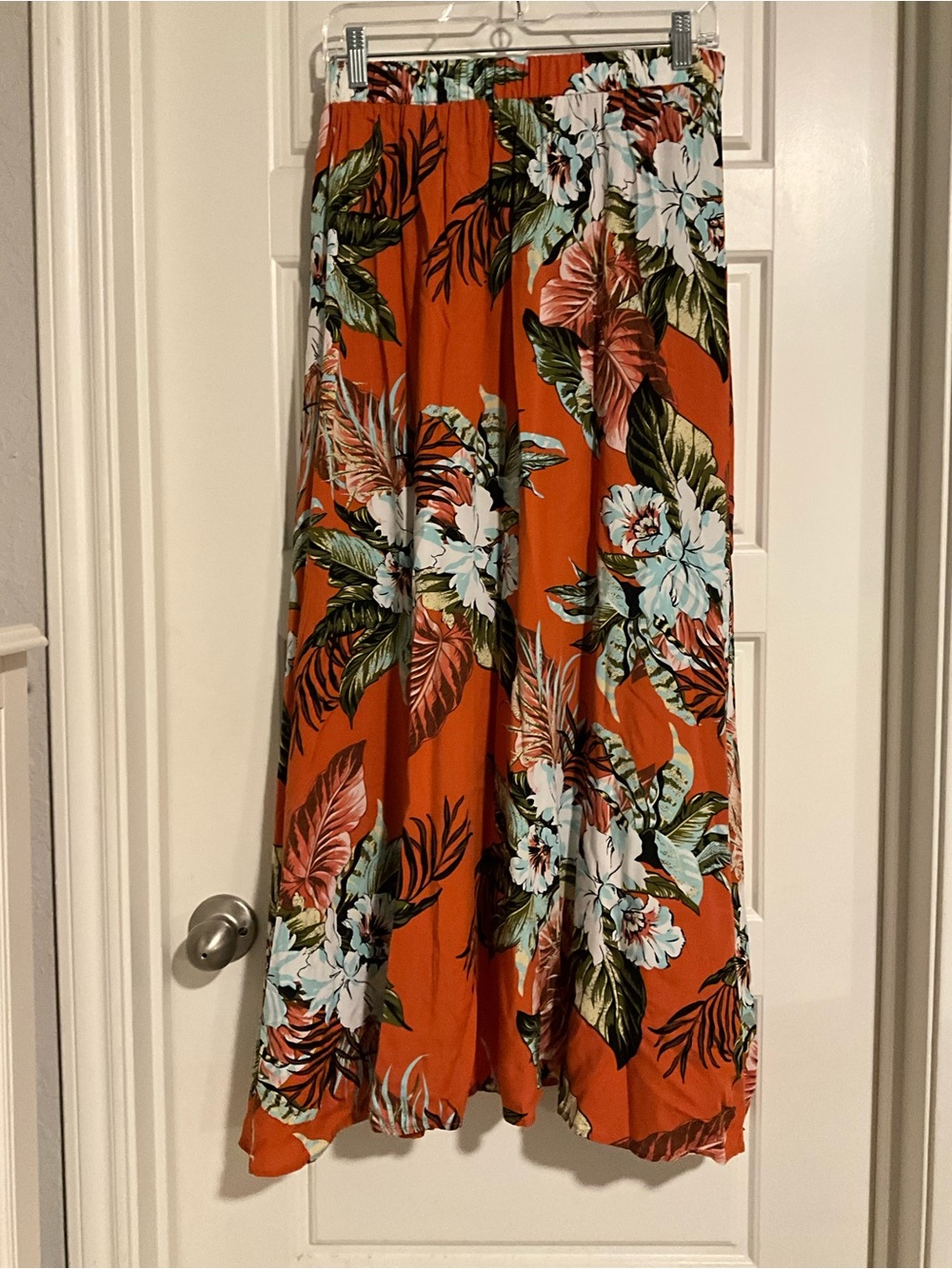 Tropical Orange Floral Maxi Skirt with Elastic Waist